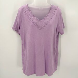 Talbots Plus Tee Size X Purple Vneck Eyelet Short Sleeve Top Cotton Knit